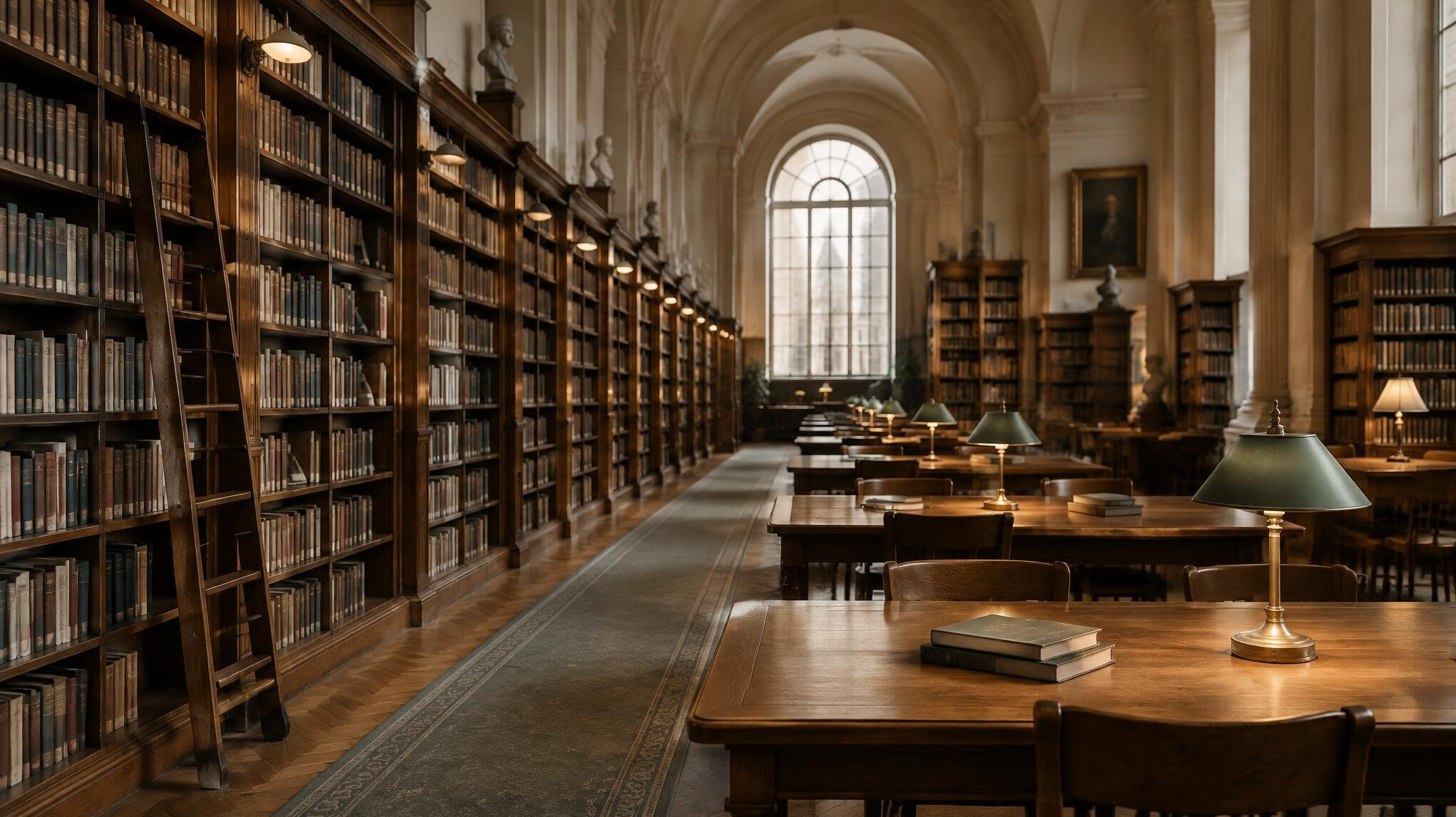 Empty library reading room with rows of bookshelves and warm light