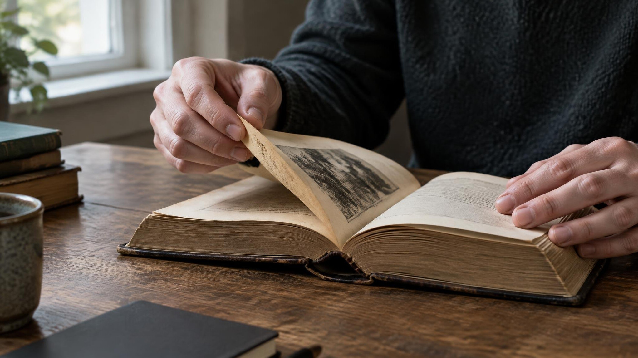 Hands leafing through the pages of an old book