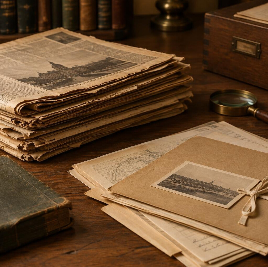 Stack of old newspapers and archival documents on a table